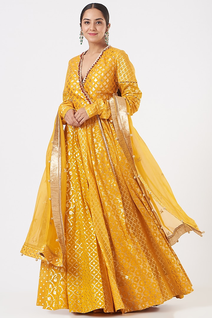 Yellow Embellished Anarkali Set by Mahima Mahajan