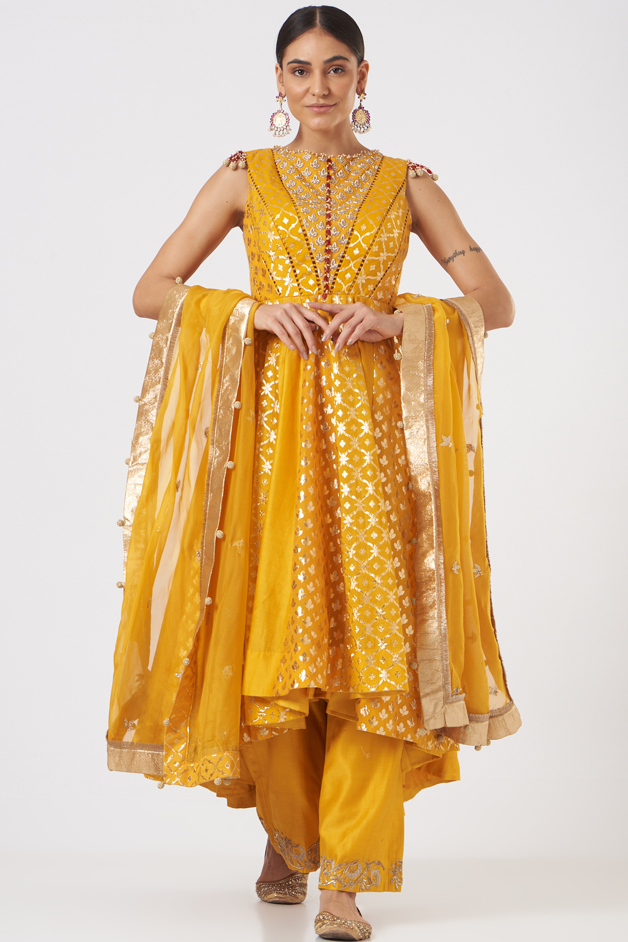 Yellow Chanderi Embroidered Wedding Anarkali Set by Mahima Mahajan at Pernia's Pop Up Shop