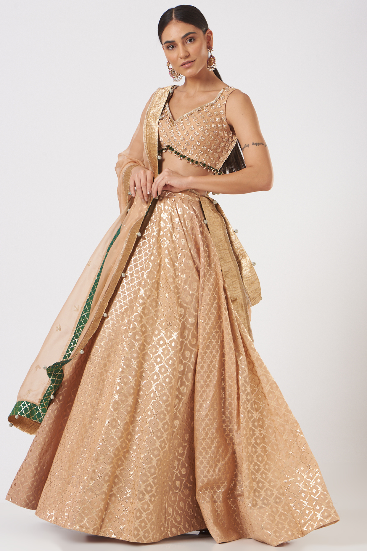 Beige Banarasi Chanderi Wedding Lehenga Set by Mahima Mahajan at Pernia's Pop Up Shop