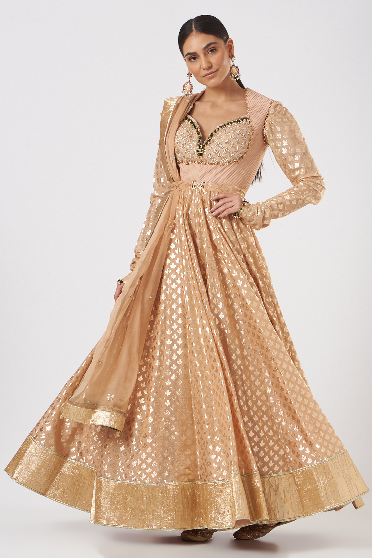 Beige Banarasi Chanderi Anarkali Set by Mahima Mahajan