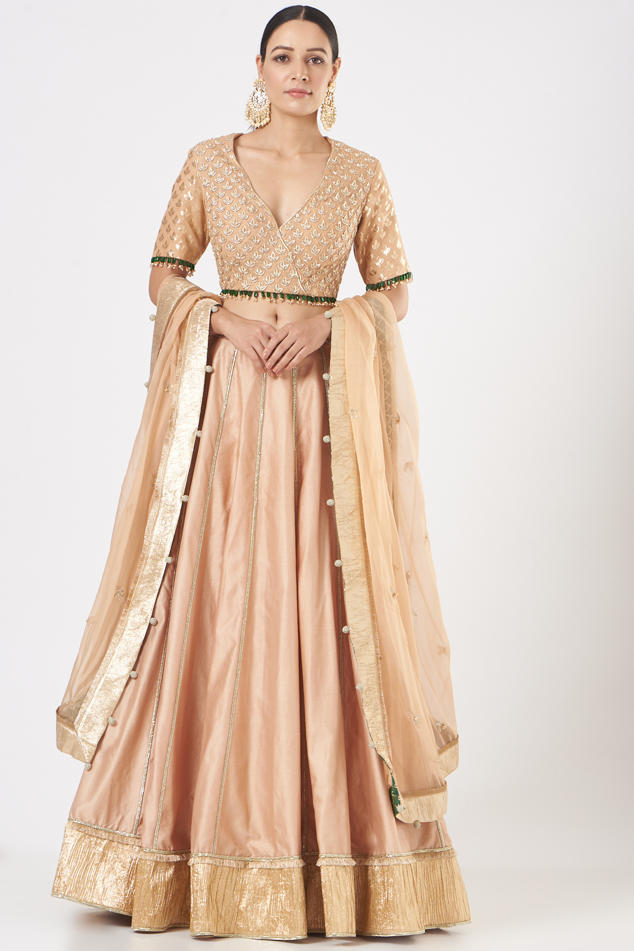 Beige Banarasi Chanderi Wedding Lehenga Set by Mahima Mahajan at Pernia's Pop Up Shop