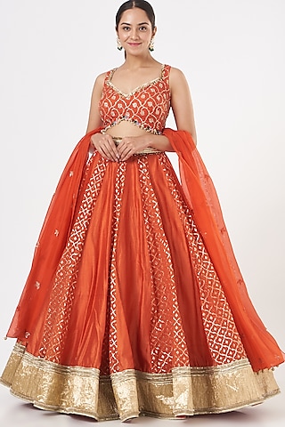 Burnt Orange Chanderi Embroidered Lehenga Set by Mahima Mahajan