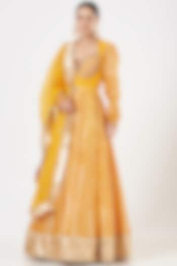 Yellow & Gold Embroidered Wedding Anarkali Set by Mahima Mahajan at Pernia's Pop Up Shop