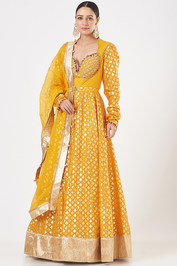 Yellow & Gold Embroidered Wedding Anarkali Set by Mahima Mahajan at Pernia's Pop Up Shop
