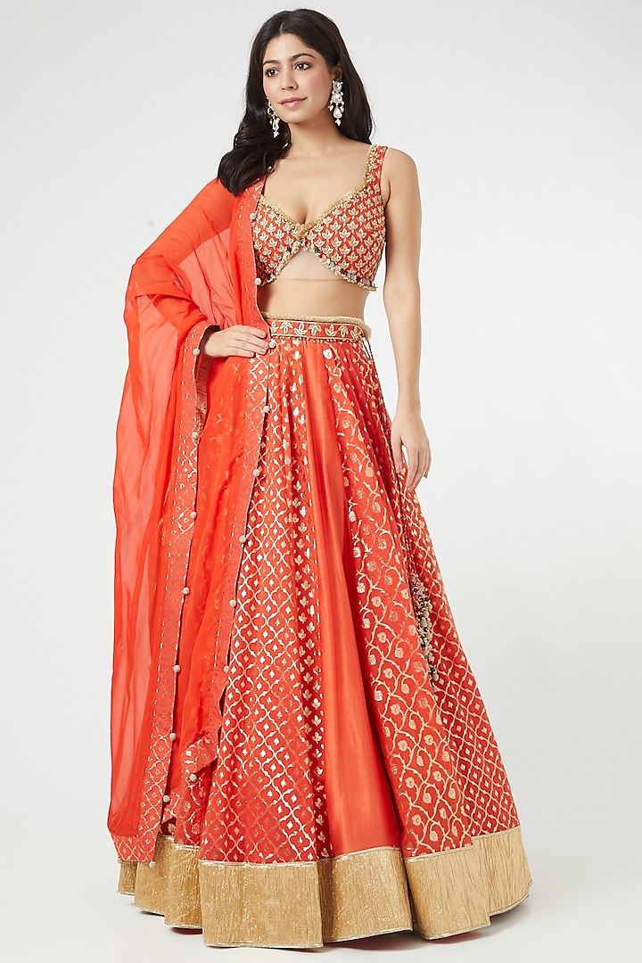 Orange Embroidered Wedding Lehenga Set by Mahima Mahajan at Pernia's Pop Up Shop