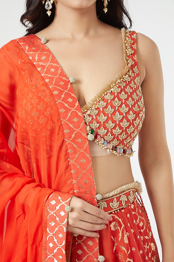 Orange Embroidered Wedding Lehenga Set by Mahima Mahajan at Pernia's Pop Up Shop