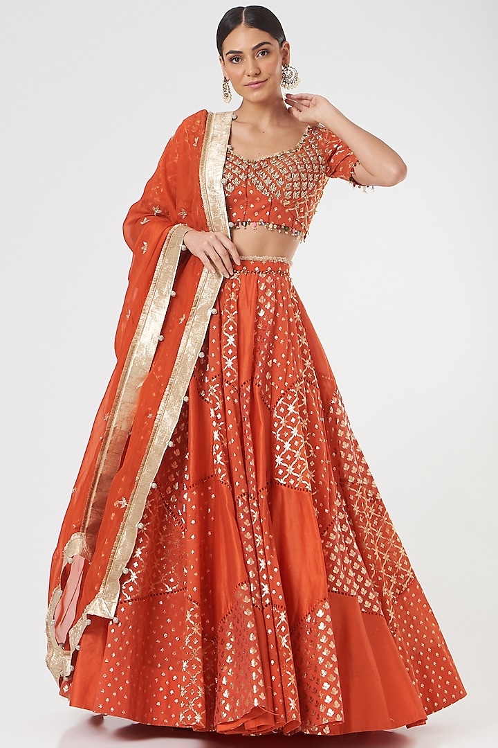 Orange Embroidered Lehenga Set by Mahima Mahajan