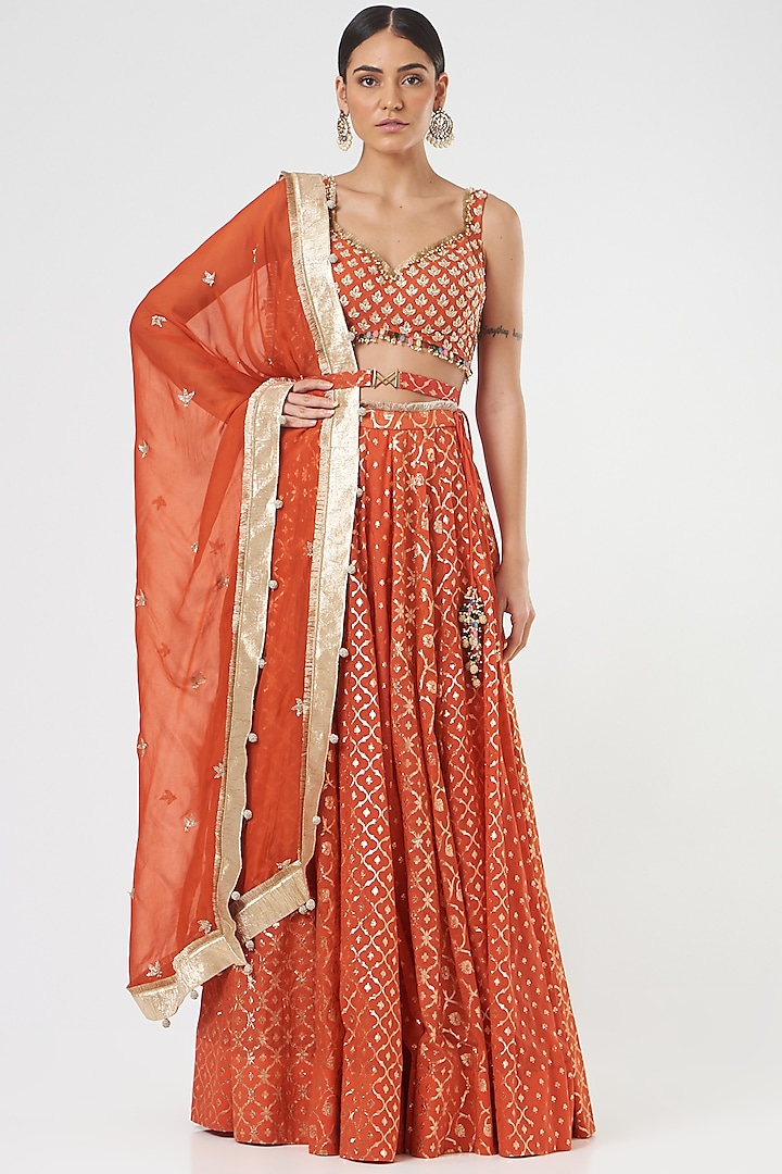 Orange Lehenga Set With Embroidery by Mahima Mahajan