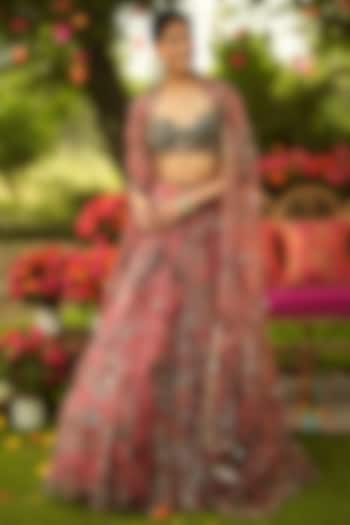 Warm Bubblegum Pink Organza Hand Embroidered Bridal Lehenga Set by Mahima Mahajan at Pernia's Pop Up Shop
