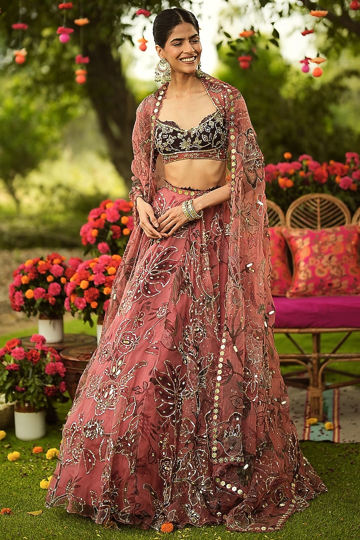 Warm Bubblegum Pink Organza Hand Embroidered Bridal Lehenga Set by Mahima Mahajan at Pernia's Pop Up Shop