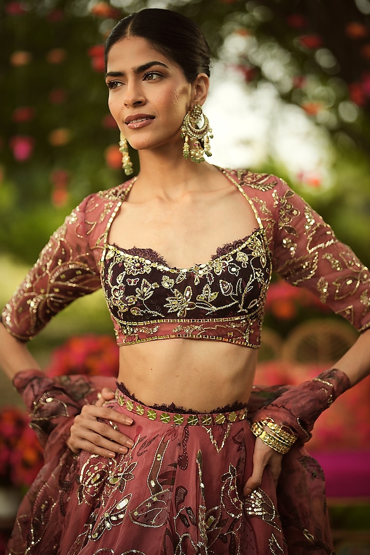 Warm Bubblegum Pink Organza Hand Embroidered Bridal Lehenga Set by Mahima Mahajan at Pernia's Pop Up Shop