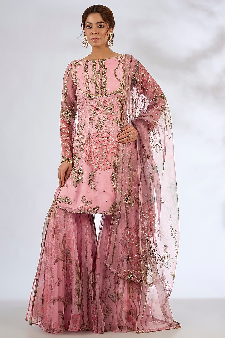 Blush Pink Organza Embroidered Gharara Set by Mahima Mahajan at Pernia's Pop Up Shop
