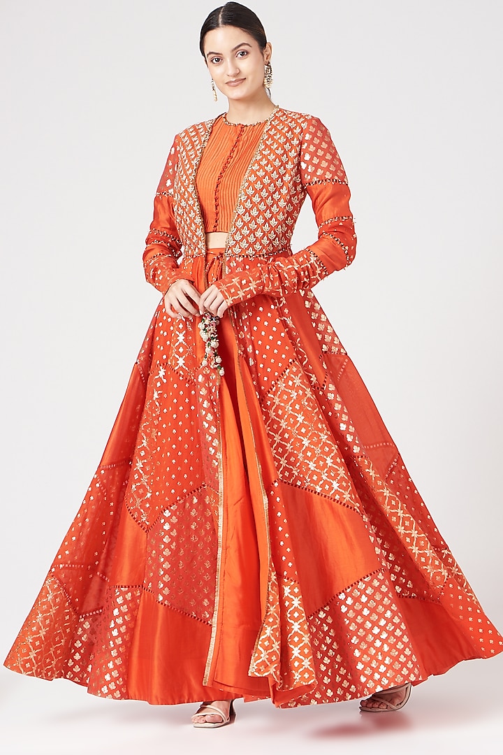 Orange Banarasi Chanderi Wedding Anarkali Set by Mahima Mahajan at Pernia's Pop Up Shop