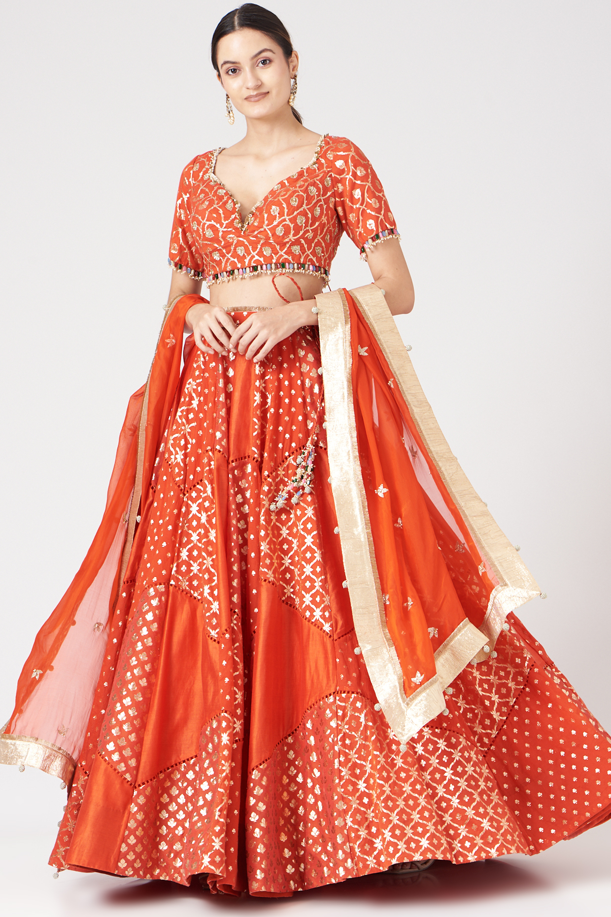 Orange Banarasi Chanderi Lehenga Set by Mahima Mahajan