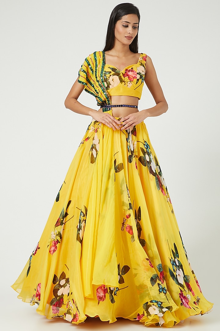 Bright Yellow Embroidered & Printed Wedding Lehenga Set by Mahima Mahajan at Pernia's Pop Up Shop