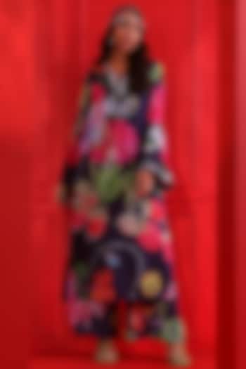 Navy Blue Satin Organza Printed Kurta Set by Mahima Mahajan at Pernia's Pop Up Shop