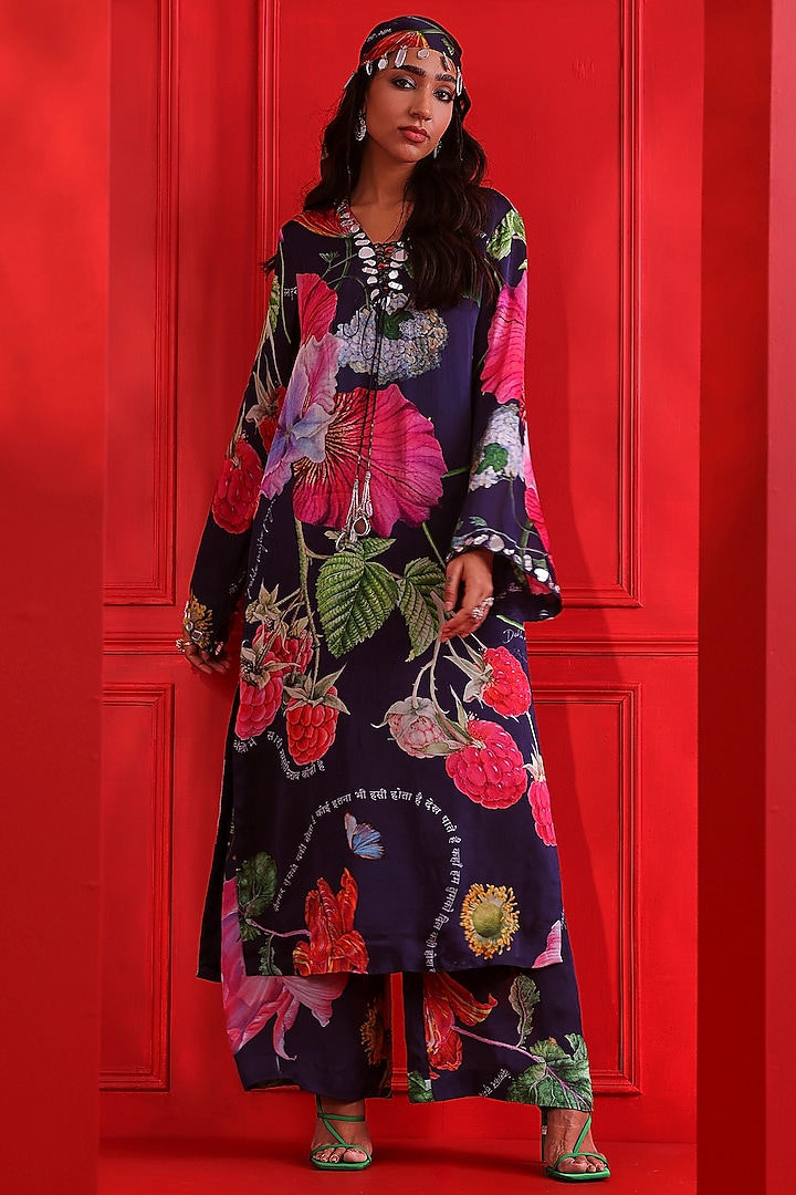 Navy Blue Satin Organza Printed Kurta Set by Mahima Mahajan at Pernia's Pop Up Shop