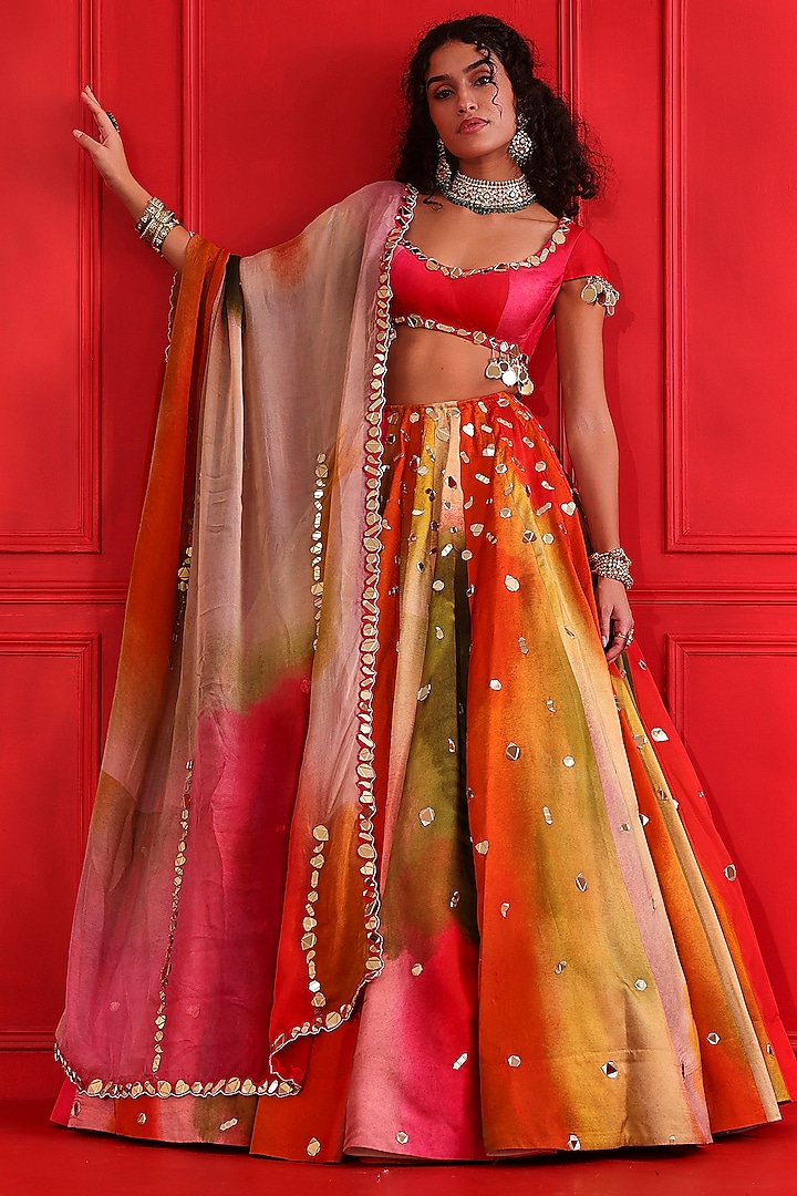 Multi-Colored Satin Organza Wedding Lehenga Set by Mahima Mahajan at Pernia's Pop Up Shop