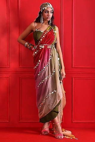 Multi-Colored Satin Organza Printed Choga Set by Mahima Mahajan