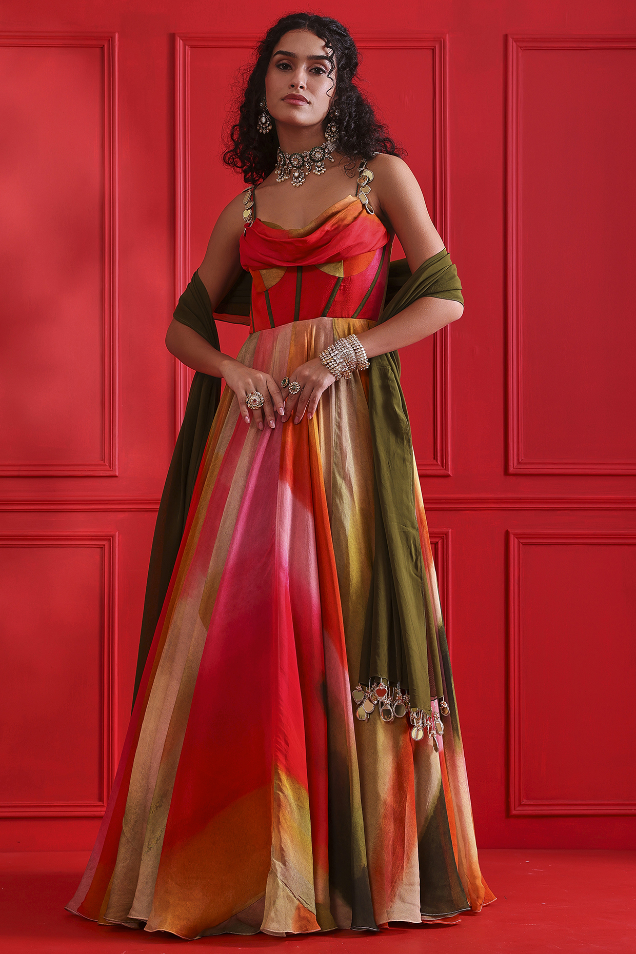 Multi-Colored Organza Printed Wedding Anarkali Set by Mahima Mahajan at Pernia's Pop Up Shop