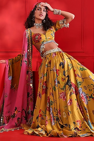 Yellow Satin Organza Printed Lehenga Set by Mahima Mahajan
