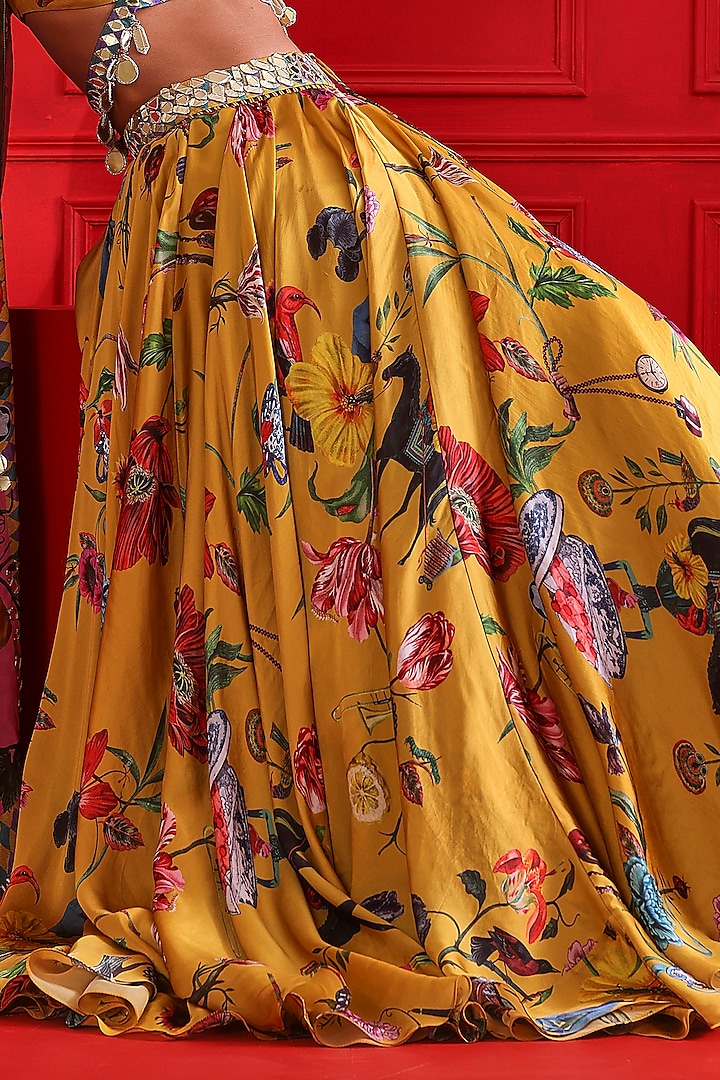 Yellow Satin Organza Printed Wedding Lehenga Set by Mahima Mahajan at Pernia's Pop Up Shop