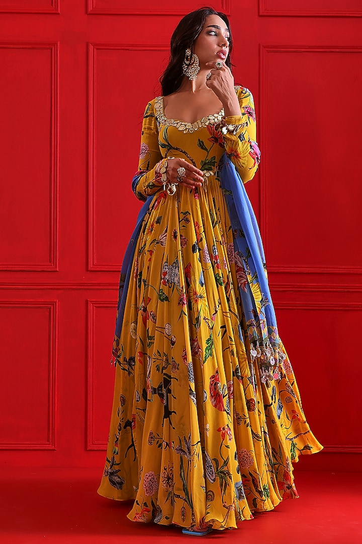 Yellow Georgette Printed Wedding Anarkali Set by Mahima Mahajan at Pernia's Pop Up Shop