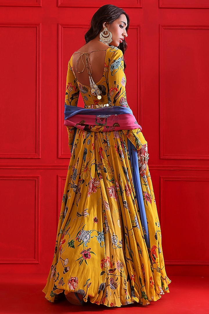 Yellow Georgette Printed Wedding Anarkali Set by Mahima Mahajan at Pernia's Pop Up Shop
