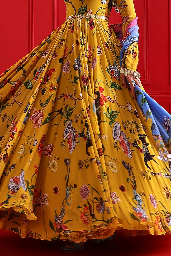 Yellow Georgette Printed Wedding Anarkali Set by Mahima Mahajan at Pernia's Pop Up Shop