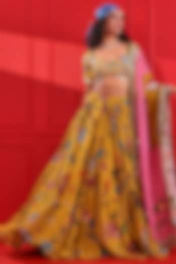 Yellow Satin Organza Printed  dulhan bday 22 may Lehenga Set by Mahima Mahajan at Pernia's Pop Up Shop