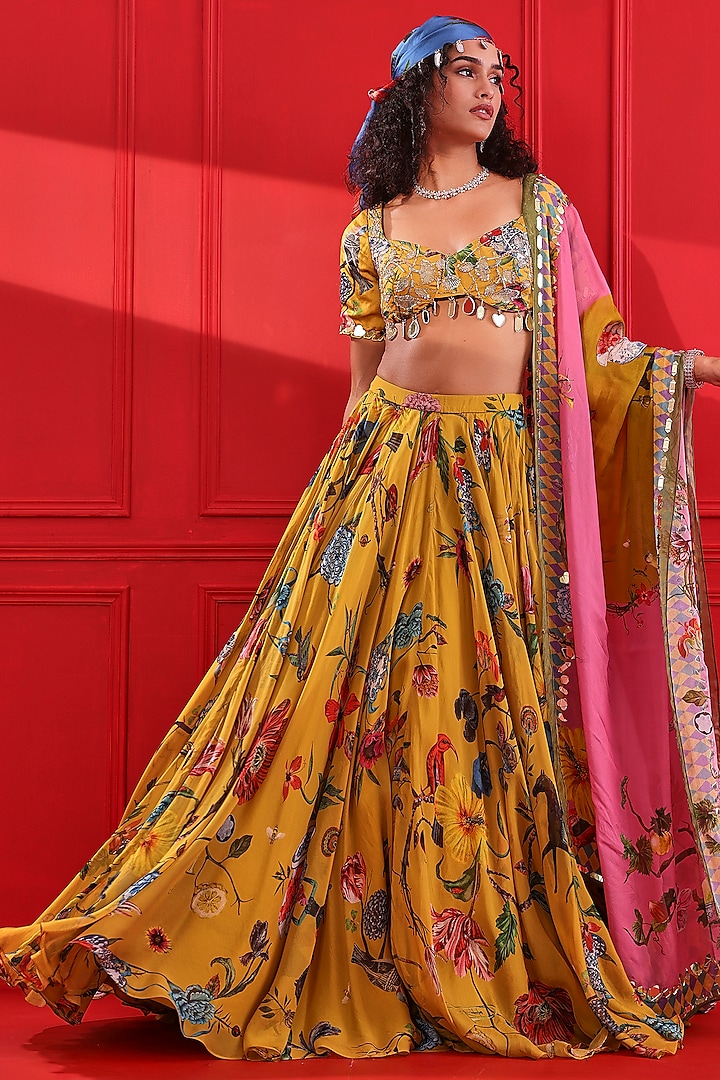 Yellow Satin Organza Printed  dulhan bday 22 may Lehenga Set by Mahima Mahajan at Pernia's Pop Up Shop