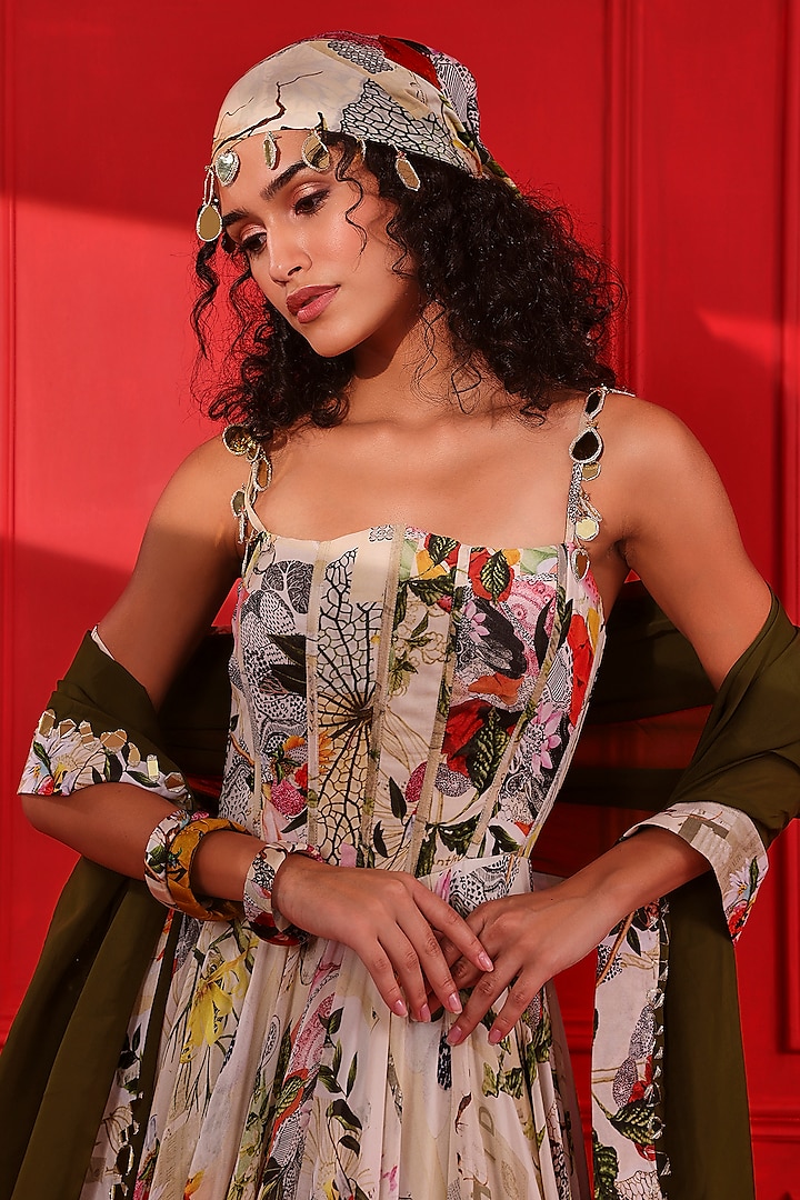 Multi-Colored Satin Organza Printed Wedding Anarkali Set by Mahima Mahajan at Pernia's Pop Up Shop