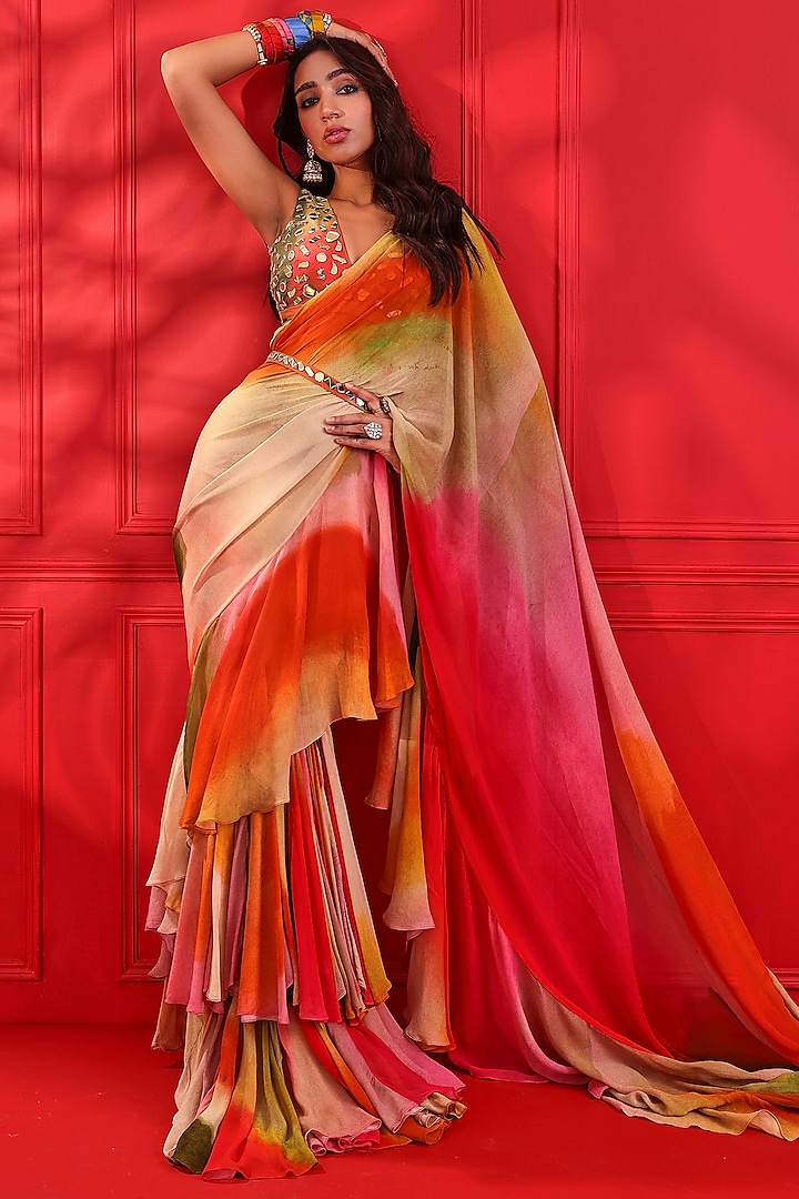 Multi-Colored Georgette Printed Saree Set by Mahima Mahajan