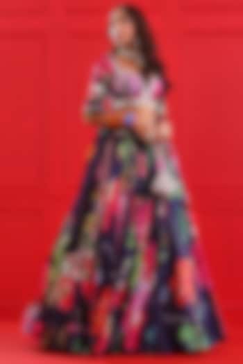 Navy Blue Satin Organza Printed  dulhan bday 22 may Lehenga Set by Mahima Mahajan at Pernia's Pop Up Shop