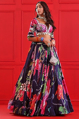 Navy Blue Satin Organza Printed Lehenga Set by Mahima Mahajan