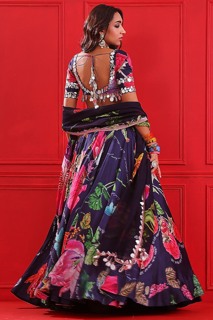 Navy Blue Satin Organza Printed Wedding Lehenga Set by Mahima Mahajan at Pernia's Pop Up Shop