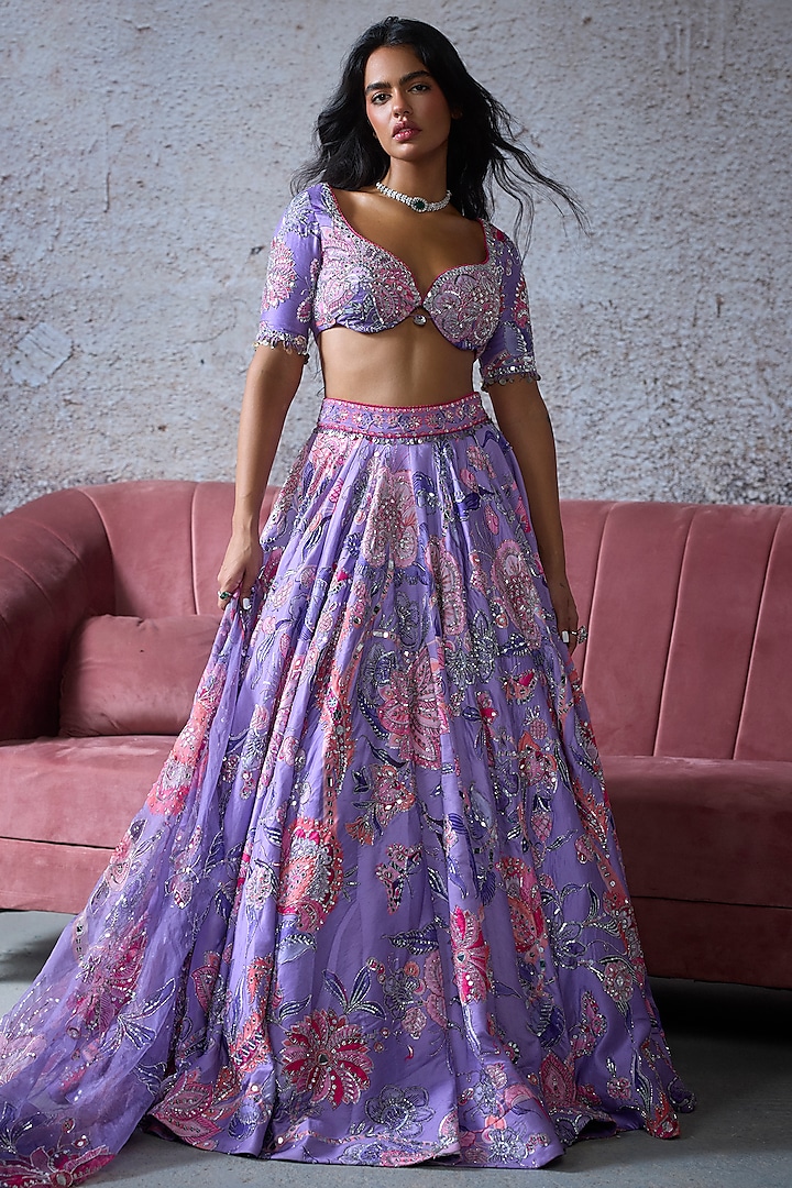 Lilac Silk Chanderi & Organza Embroidered Bridal Lehenga Set by Mahima Mahajan at Pernia's Pop Up Shop