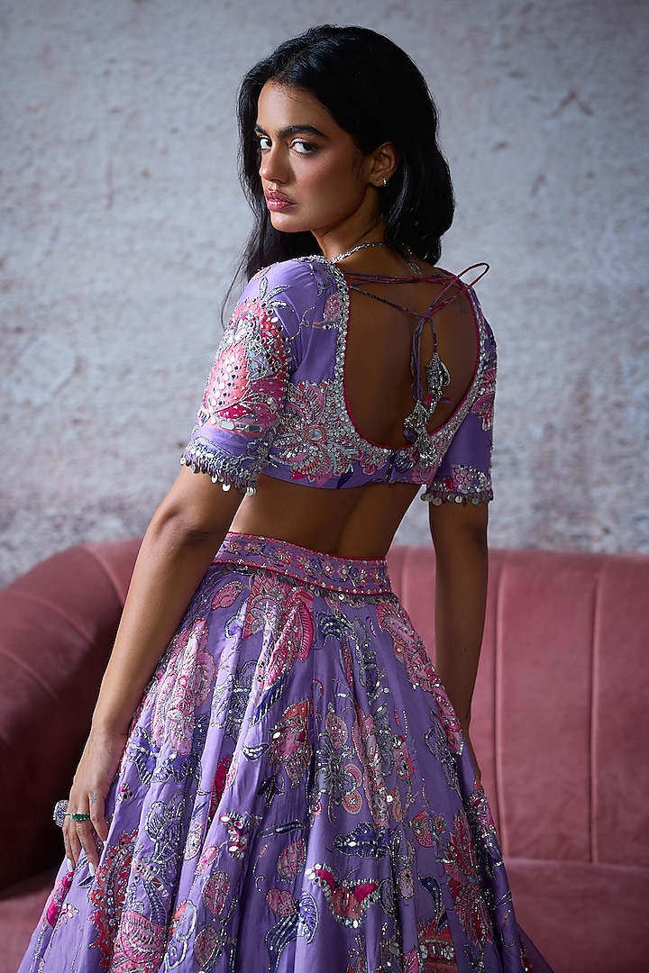 Lilac Silk Chanderi & Organza Embroidered Bridal Lehenga Set by Mahima Mahajan at Pernia's Pop Up Shop