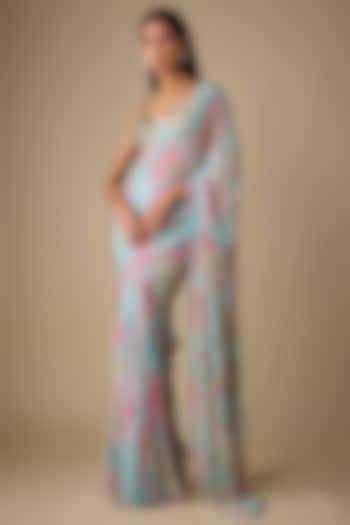 Blue Georgette Hand Embroidered Pre-Draped Reception Saree Set by Mahima Mahajan at Pernia's Pop Up Shop