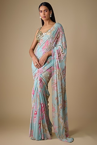 Blue Georgette Hand Embroidered Pre-Draped Saree Set by Mahima Mahajan