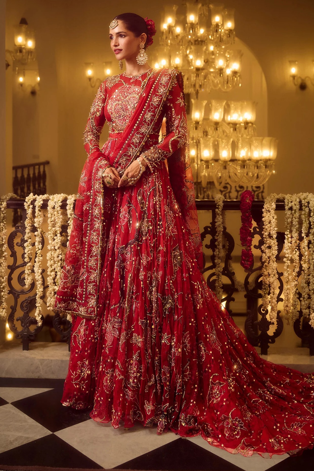 Mahima Mahajan Lahoo Red Silk Organza Printed & Embellished Anarkali Set