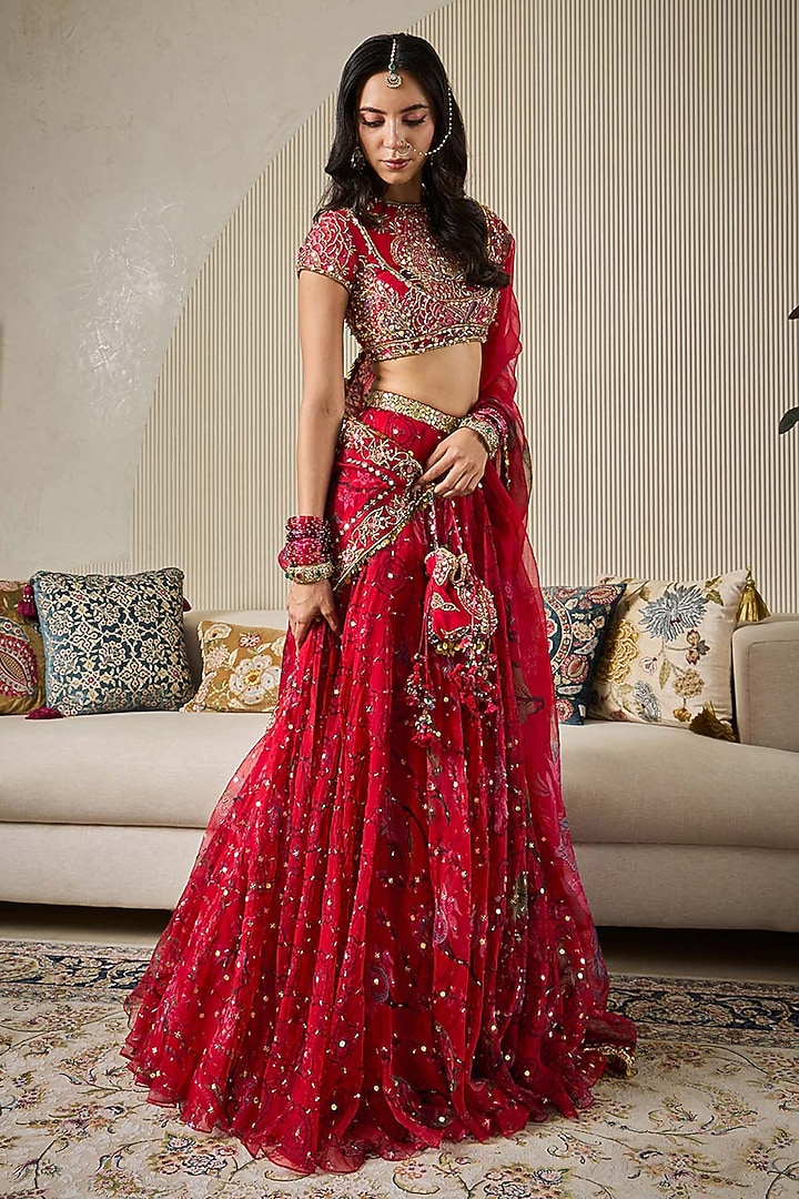Lahoo Red Silk Organza Embellished Wedding Lehenga Set by Mahima Mahajan at Pernia's Pop Up Shop