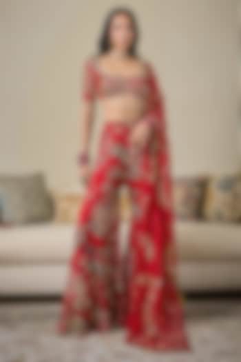 Lahoo Red Silk Organza Embellished Sharara Set by Mahima Mahajan at Pernia's Pop Up Shop