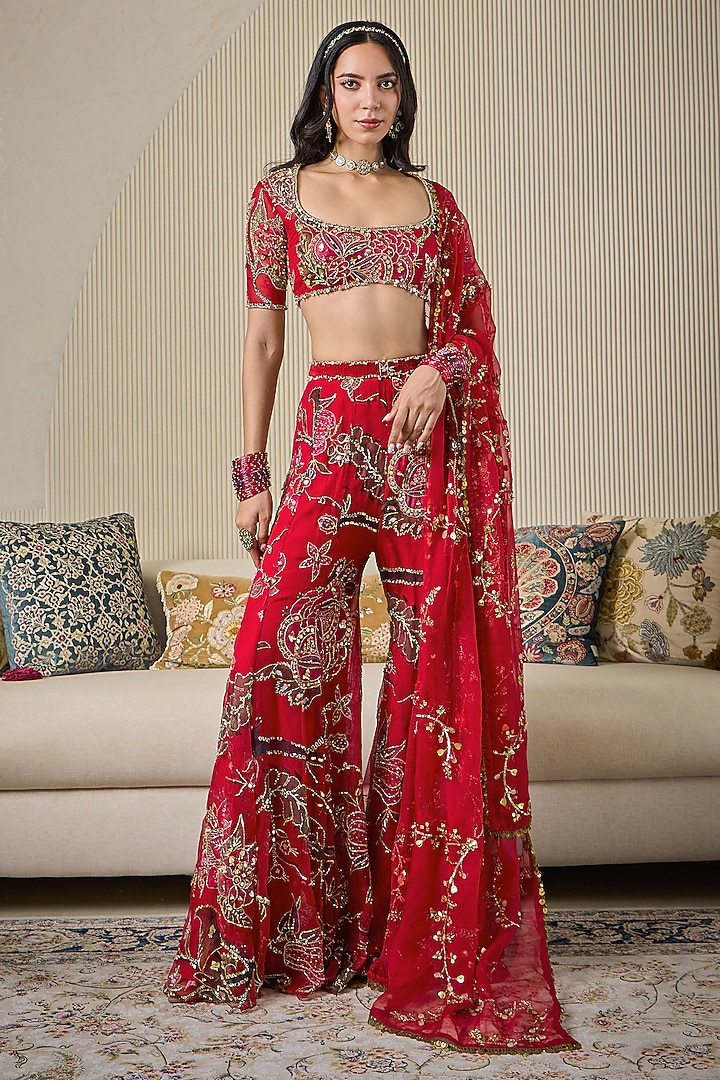 Lahoo Red Silk Organza Embellished Sharara Set by Mahima Mahajan at Pernia's Pop Up Shop