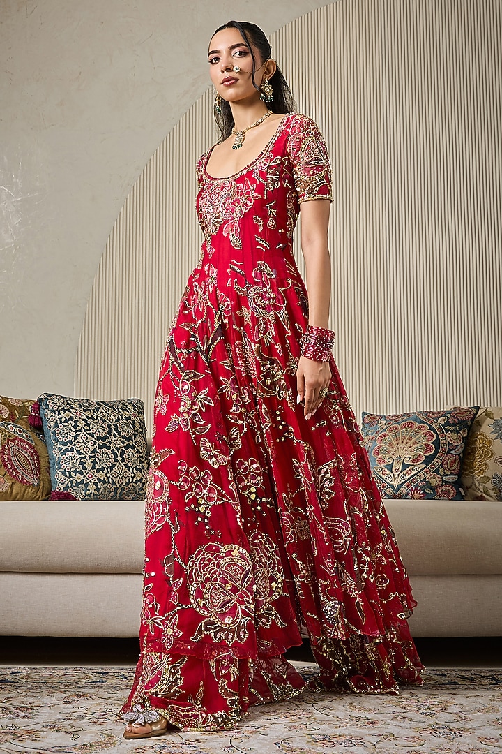 Lahoo Red Silk Organza Embroidered Bridal Anarkali Set by Mahima Mahajan at Pernia's Pop Up Shop