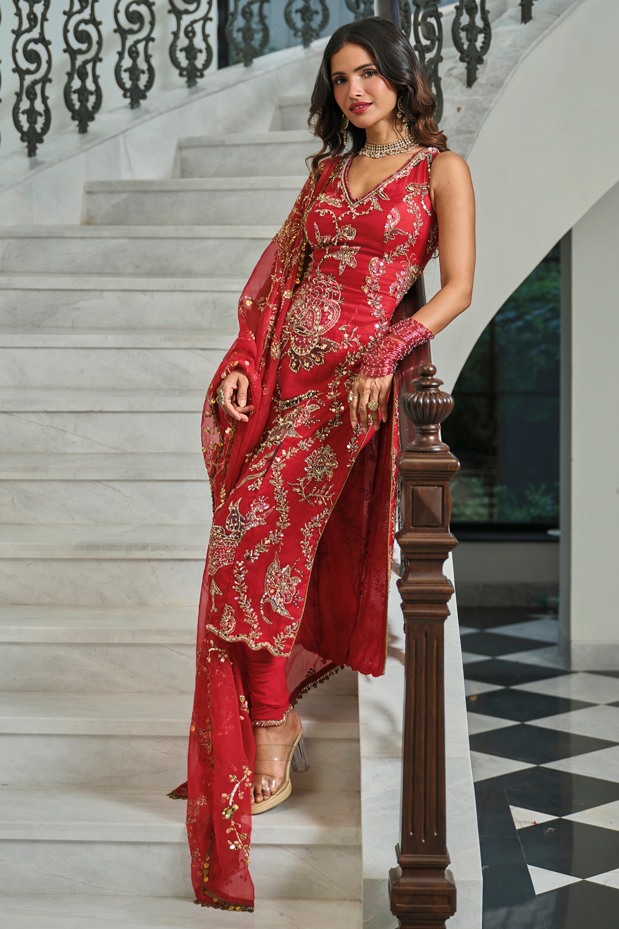 Mahima Mahajan Lahoo Red Silk Organza Baroque Embroidered Kurta Set