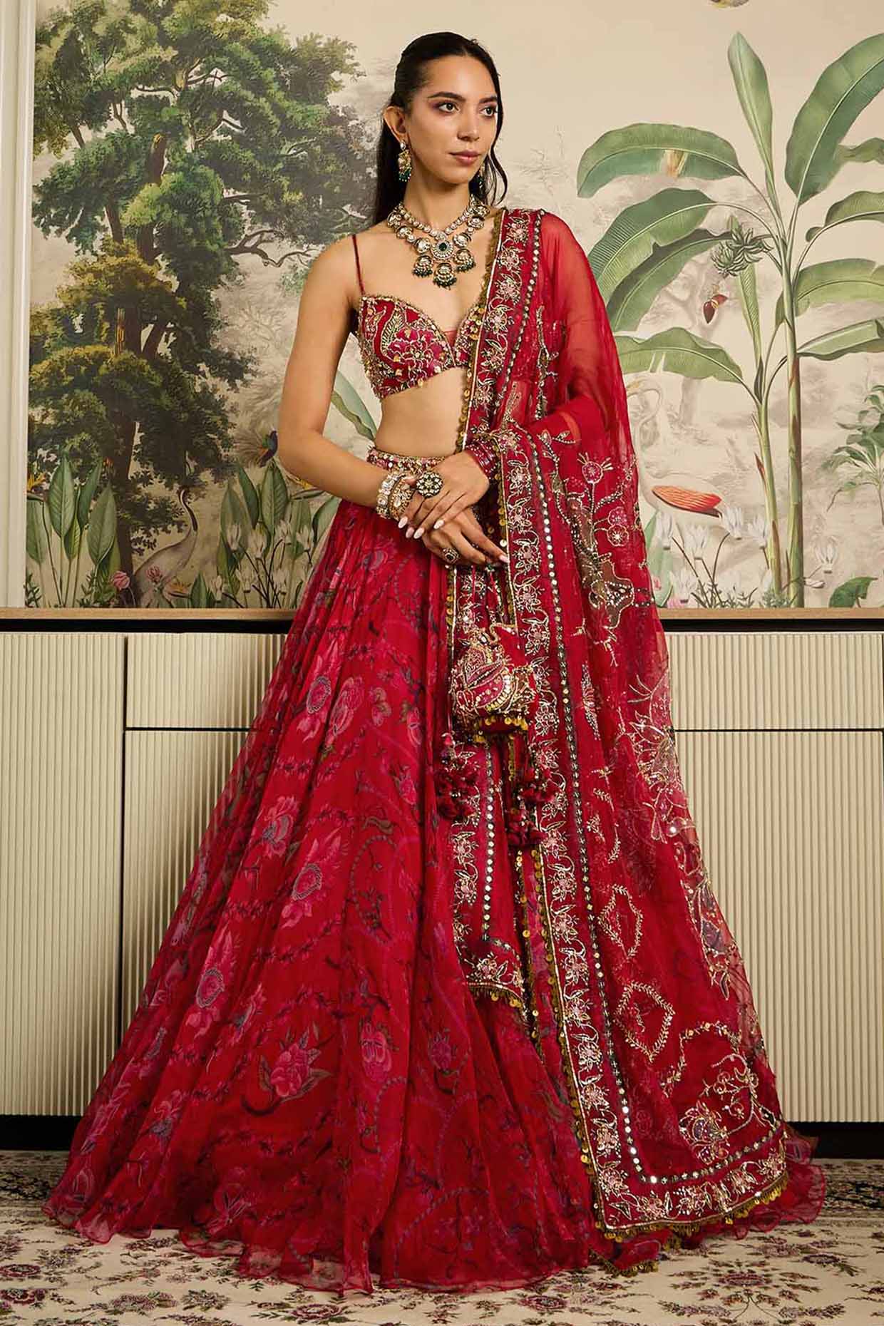 Mahima Mahajan Lahoo Red Silk Organza Floral Printed Lehenga Set