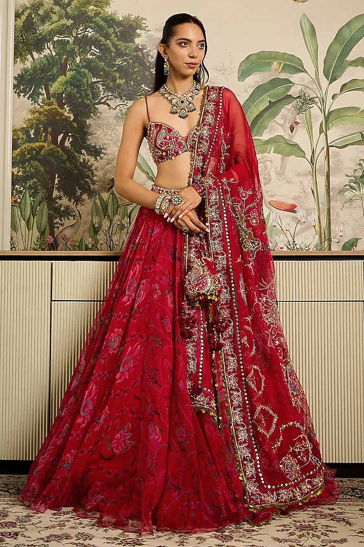 Lahoo Red Silk Organza Floral Printed Wedding Lehenga Set by Mahima Mahajan at Pernia's Pop Up Shop