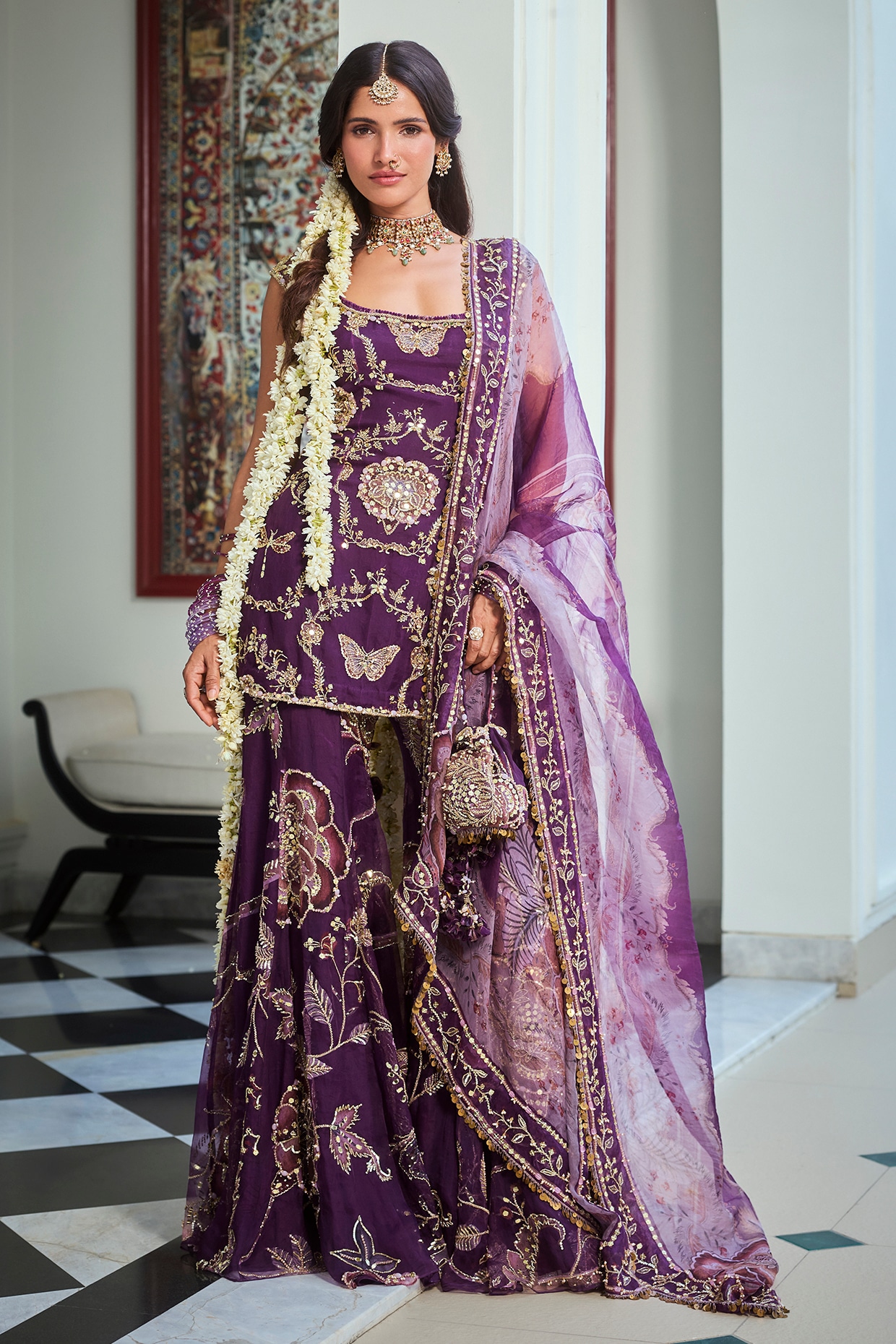 Mahima Mahajan Jamun Purple Silk Organza Floral Embroidered Sharara Set