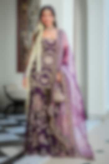 Jamun Purple Silk Organza Floral Embroidered Bridal Sharara Set by Mahima Mahajan at Pernia's Pop Up Shop